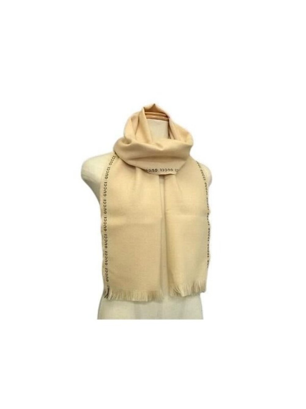 Gucci Scarf Beige Black 100% Wool Logo Fringe